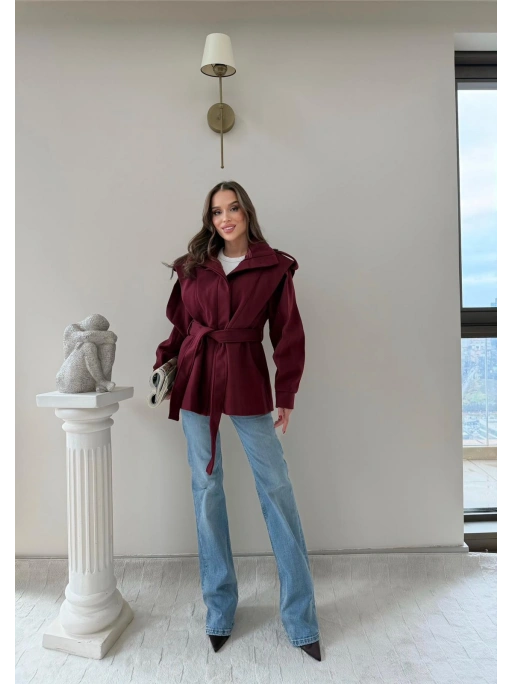 DİK YAKA OMUZ APOLETLİ BEL KUŞAKLI ASTARLI KAŞE KABAN BORDO