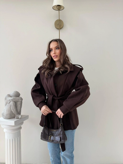 DİK YAKA OMUZ APOLETLİ BEL KUŞAKLI ASTARLI KAŞE KABAN KAHVE