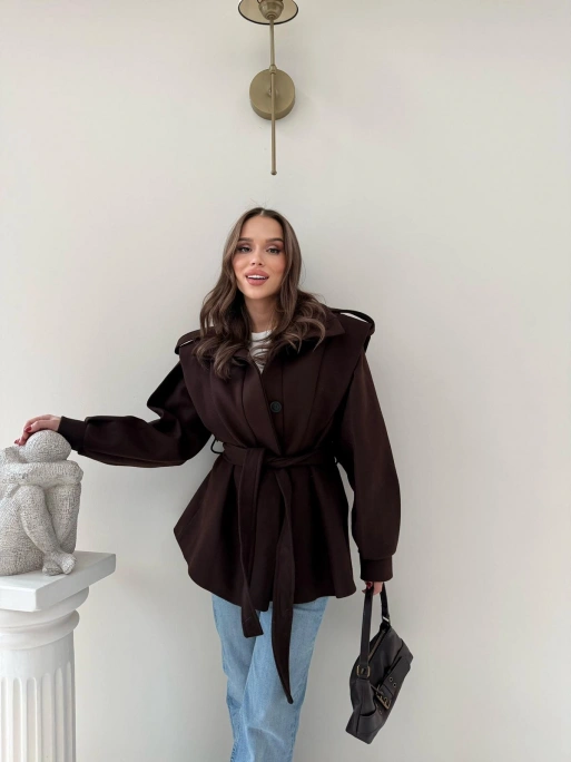 DİK YAKA OMUZ APOLETLİ BEL KUŞAKLI ASTARLI KAŞE KABAN KAHVE