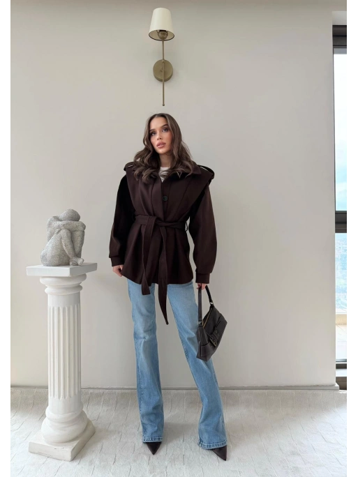 DİK YAKA OMUZ APOLETLİ BEL KUŞAKLI ASTARLI KAŞE KABAN KAHVE