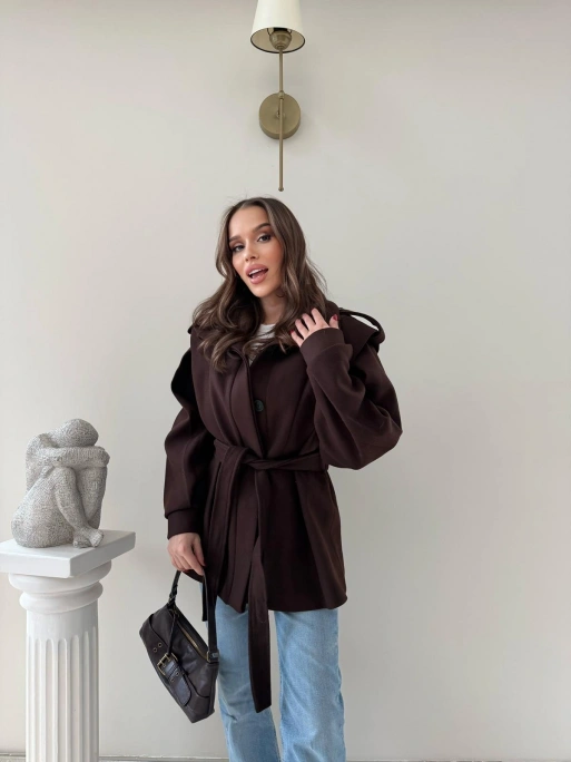 DİK YAKA OMUZ APOLETLİ BEL KUŞAKLI ASTARLI KAŞE KABAN KAHVE