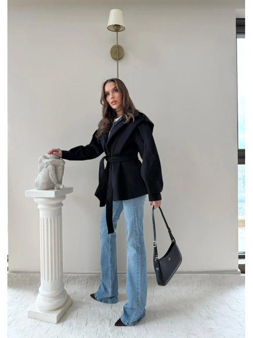 DİK YAKA OMUZ APOLETLİ BEL KUŞAKLI ASTARLI KAŞE KABAN SİYAH