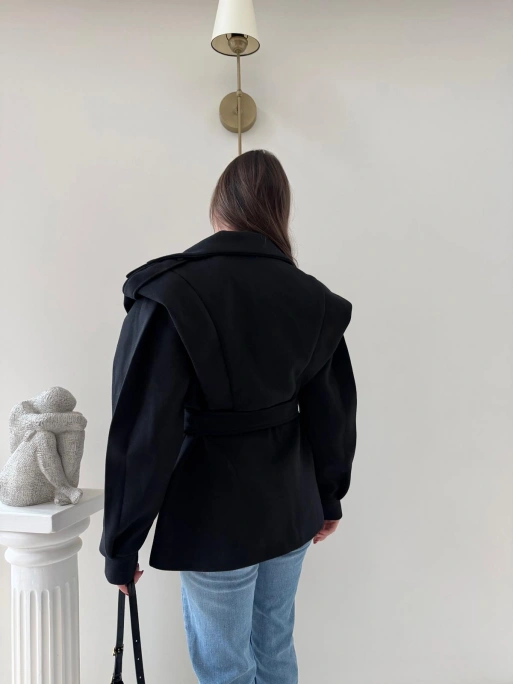 DİK YAKA OMUZ APOLETLİ BEL KUŞAKLI ASTARLI KAŞE KABAN SİYAH