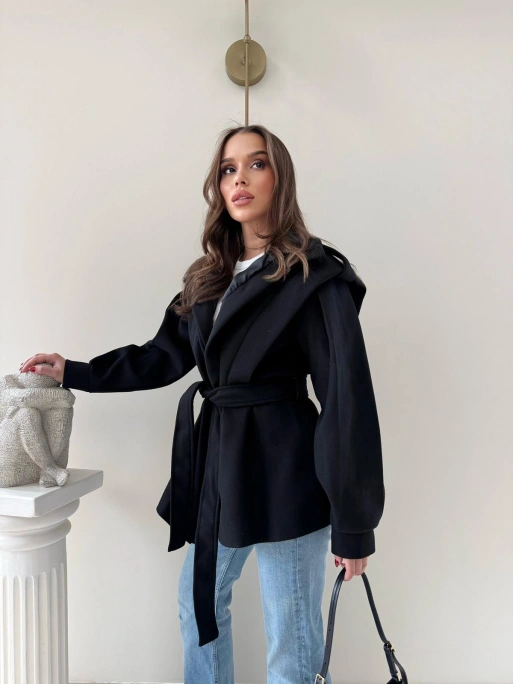 DİK YAKA OMUZ APOLETLİ BEL KUŞAKLI ASTARLI KAŞE KABAN SİYAH