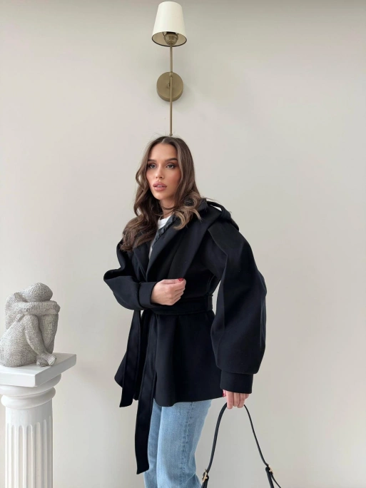 DİK YAKA OMUZ APOLETLİ BEL KUŞAKLI ASTARLI KAŞE KABAN SİYAH