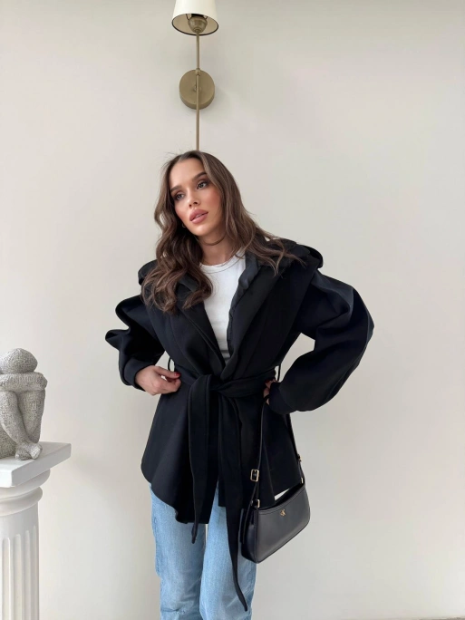 DİK YAKA OMUZ APOLETLİ BEL KUŞAKLI ASTARLI KAŞE KABAN SİYAH