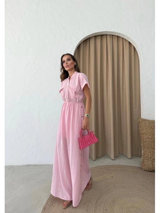 DÜĞME DETAY UZUN KETEN ELBİSE PEMBE