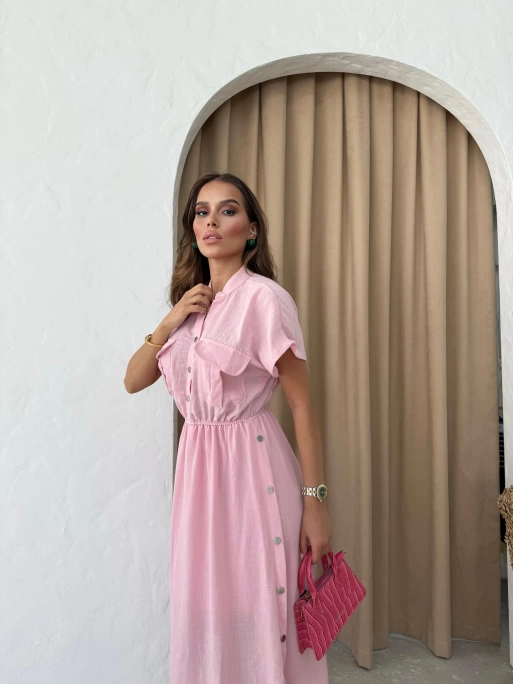 DÜĞME DETAY UZUN KETEN ELBİSE PEMBE