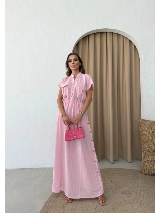 DÜĞME DETAY UZUN KETEN ELBİSE PEMBE