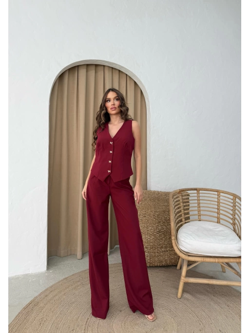 DÜĞMELİ DETAY YELEK VE PANTOLON İKİLİ TAKIM BORDO