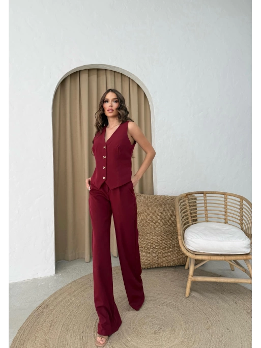 DÜĞMELİ DETAY YELEK VE PANTOLON İKİLİ TAKIM BORDO
