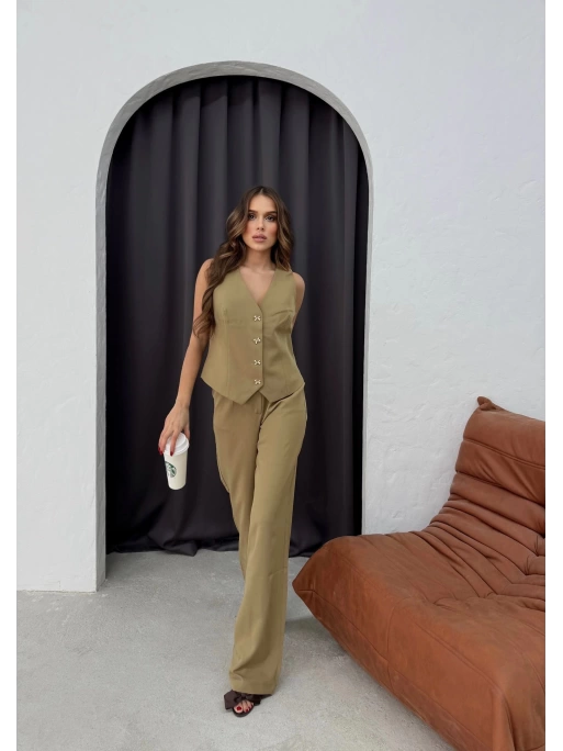 DÜĞMELİ DETAY YELEK VE PANTOLON İKİLİ TAKIM YEŞİL
