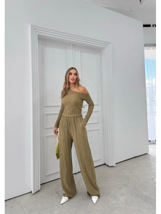 DÜŞÜK OMUZ BLUZ VE PANTOLONLU GOFRE İKİLİ TAKIM HAKİ