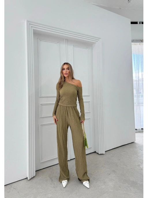 DÜŞÜK OMUZ BLUZ VE PANTOLONLU GOFRE İKİLİ TAKIM HAKİ