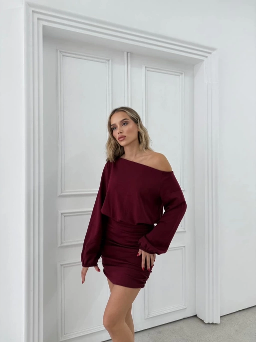 DÜŞÜK OMUZ ETEK DRAPELİ MODAL ELBİSE BORDO