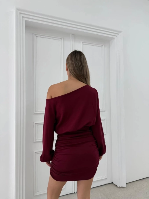 DÜŞÜK OMUZ ETEK DRAPELİ MODAL ELBİSE BORDO