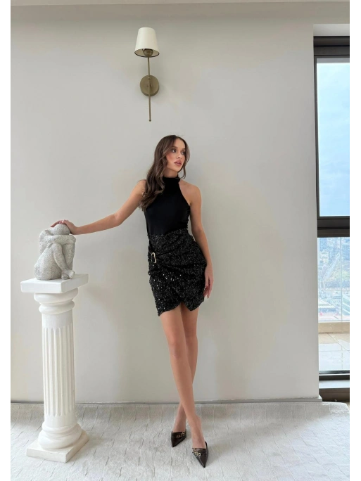 ETEK AKSESUAR DETAY PAYETLİ ELBİSE SİYAH