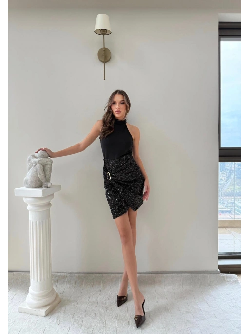 ETEK AKSESUAR DETAY PAYETLİ ELBİSE SİYAH