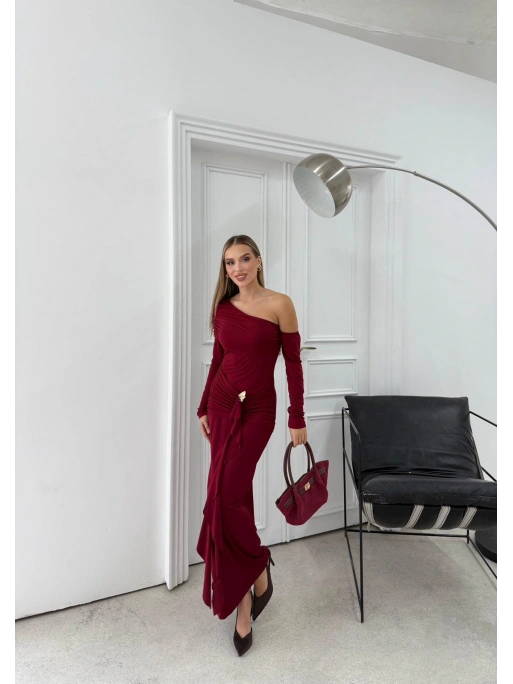 ETEK AKSESUAR SAÇAKLI OMUZ DEKOLTE DETAY UZUN SANDY ELBİSE BORDO