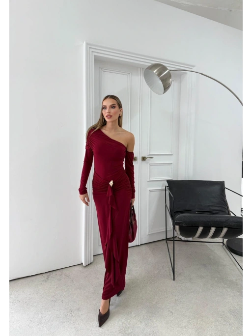 ETEK AKSESUAR SAÇAKLI OMUZ DEKOLTE DETAY UZUN SANDY ELBİSE BORDO