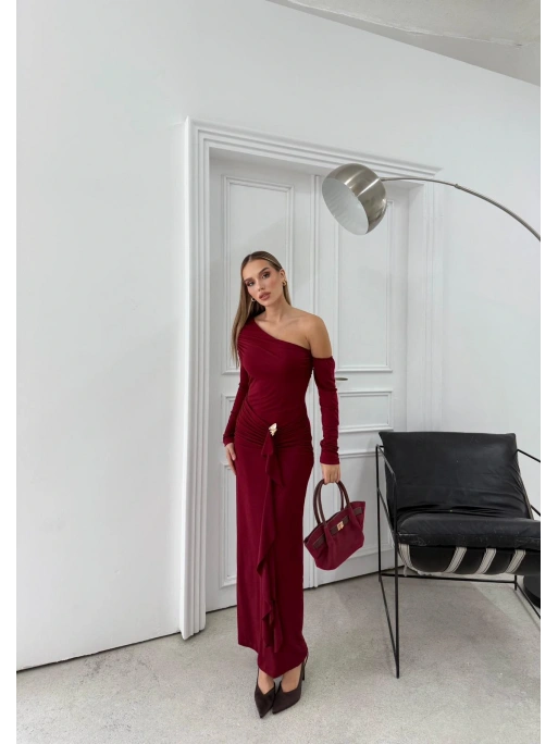 ETEK AKSESUAR SAÇAKLI OMUZ DEKOLTE DETAY UZUN SANDY ELBİSE BORDO