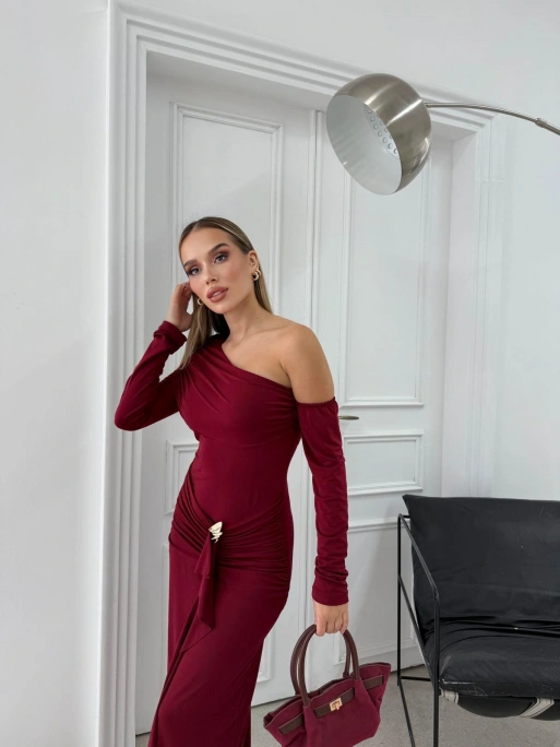 ETEK AKSESUAR SAÇAKLI OMUZ DEKOLTE DETAY UZUN SANDY ELBİSE BORDO