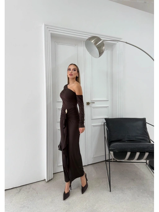 ETEK AKSESUAR SAÇAKLI OMUZ DEKOLTE DETAY UZUN SANDY ELBİSE KAHVE