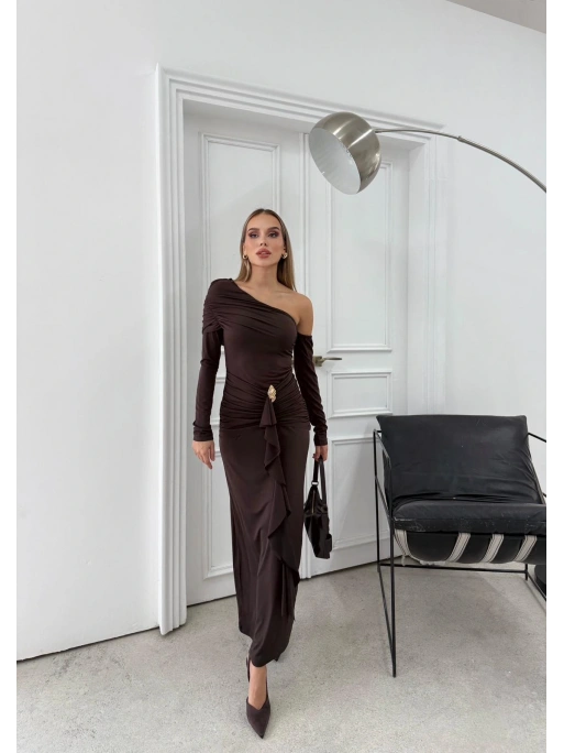 ETEK AKSESUAR SAÇAKLI OMUZ DEKOLTE DETAY UZUN SANDY ELBİSE KAHVE