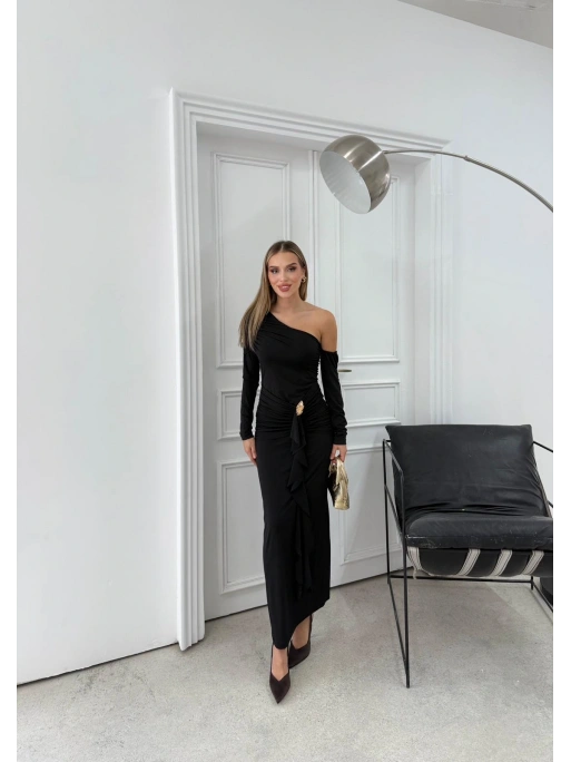 ETEK AKSESUAR SAÇAKLI OMUZ DEKOLTE DETAY UZUN SANDY ELBİSE SİYAH