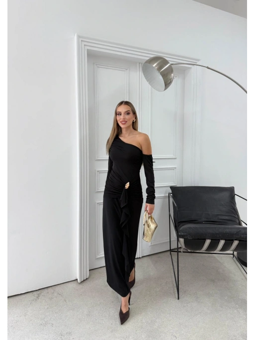 ETEK AKSESUAR SAÇAKLI OMUZ DEKOLTE DETAY UZUN SANDY ELBİSE SİYAH