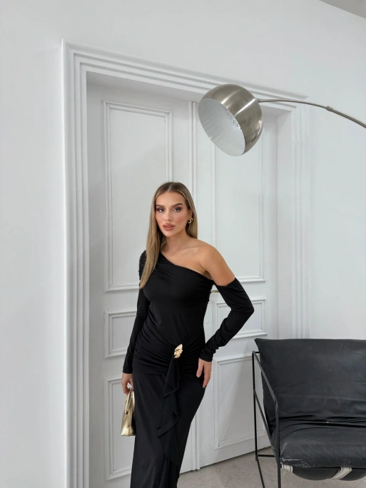 ETEK AKSESUAR SAÇAKLI OMUZ DEKOLTE DETAY UZUN SANDY ELBİSE SİYAH