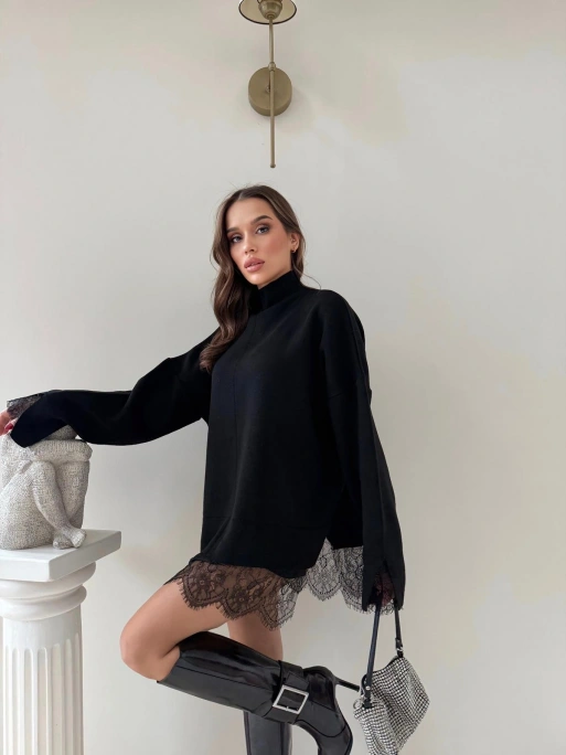 ETEK DANTEL DETAY OVERSİZE TRİKO SİYAH