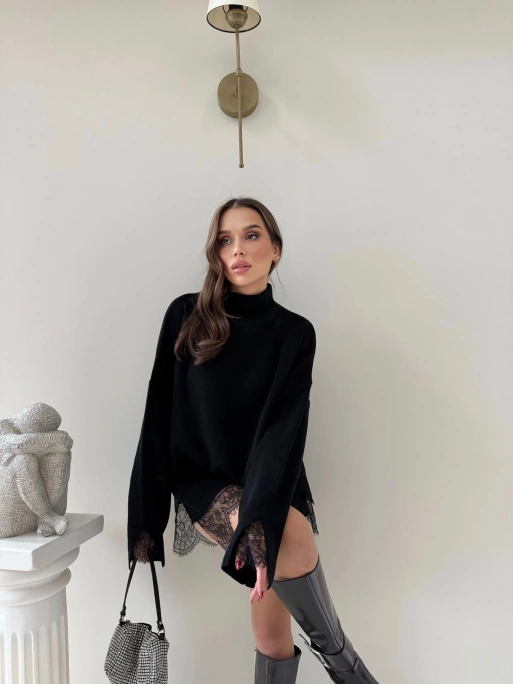 ETEK DANTEL DETAY OVERSİZE TRİKO SİYAH