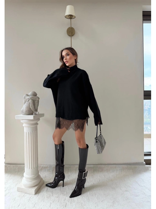 ETEK DANTEL DETAY OVERSİZE TRİKO SİYAH