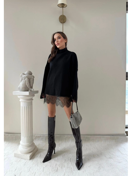 ETEK DANTEL DETAY OVERSİZE TRİKO SİYAH