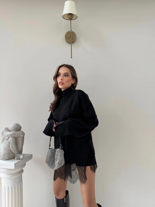 ETEK DANTEL DETAY OVERSİZE TRİKO SİYAH