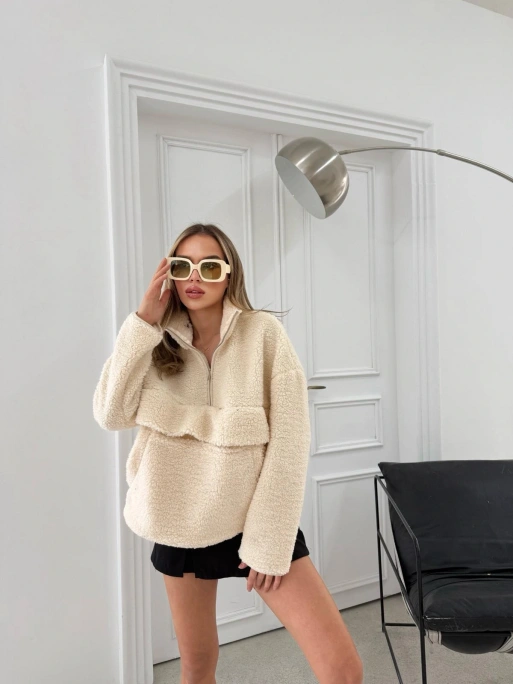 FERMUARLI KANGURU CEP DETAY TEDDY SWEAT KREM