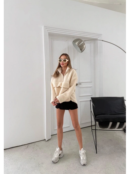 FERMUARLI KANGURU CEP DETAY TEDDY SWEAT KREM