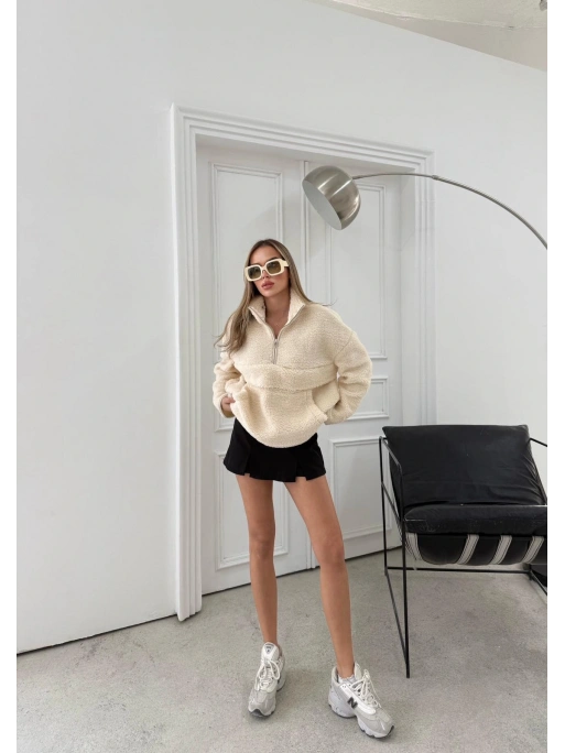 FERMUARLI KANGURU CEP DETAY TEDDY SWEAT KREM