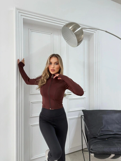 FERMUARLI PARMAK GEÇME DETAY CROP BLUZ KAHVE