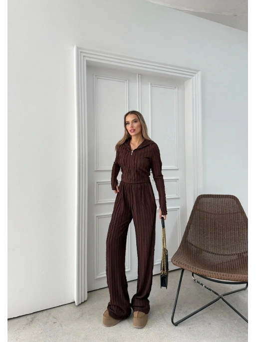 FERMUARLI PARMAK GEÇMELİ KAPÜŞONLU HIRKA VE PANTOLONLU TERS DİKİŞ GOFRE İKİLİ TAKIM KAHVE