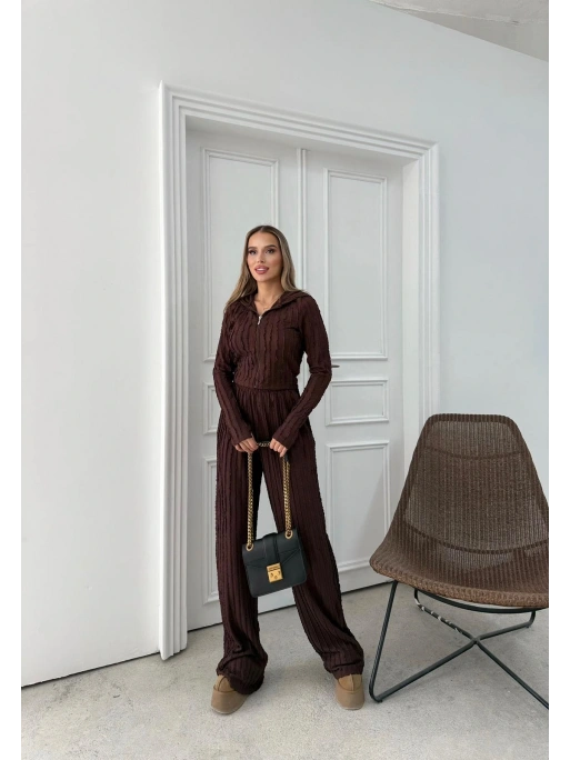 FERMUARLI PARMAK GEÇMELİ KAPÜŞONLU HIRKA VE PANTOLONLU TERS DİKİŞ GOFRE İKİLİ TAKIM KAHVE