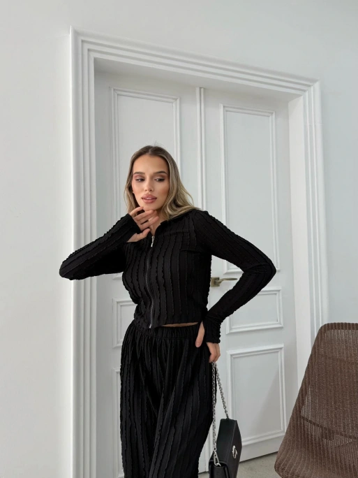 FERMUARLI PARMAK GEÇMELİ KAPÜŞONLU HIRKA VE PANTOLONLU TERS DİKİŞ GOFRE İKİLİ TAKIM SİYAH