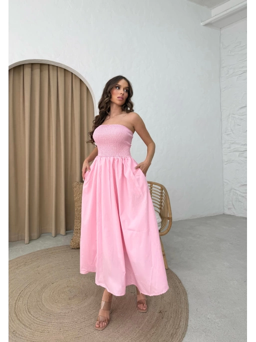 GİPE DETAY STRAPLEZ ELBİSE PEMBE