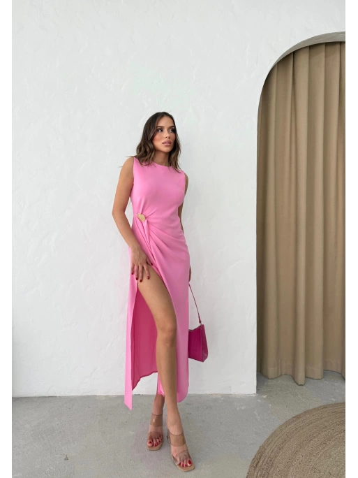 GİZLİ YIRTMAÇLI BEL AKSESUAR DETAY İÇ ASTARLI UZUN SIFIR KOL ELBİSE PEMBE