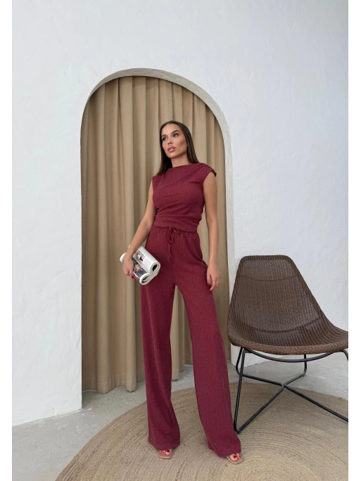 GOFRE BLUZ VE PANTOLONLU İKİLİ TAKIM BORDO