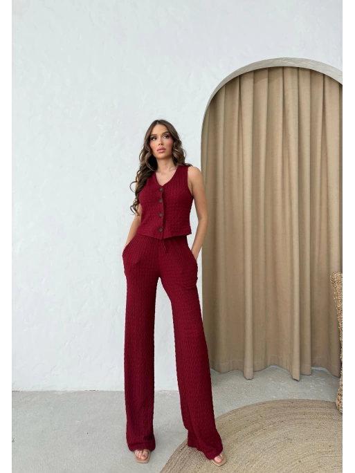 GOFRE DÜĞME DETAY YELEK VE PANTOLONLU İKİLİ TAKIM BORDO
