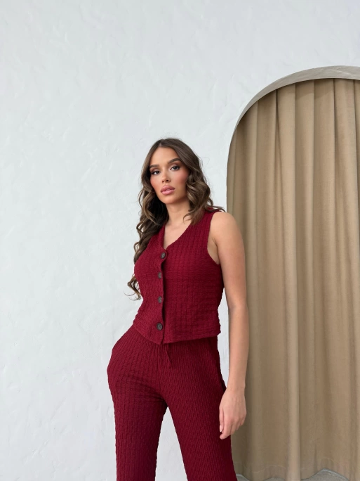 GOFRE DÜĞME DETAY YELEK VE PANTOLONLU İKİLİ TAKIM BORDO