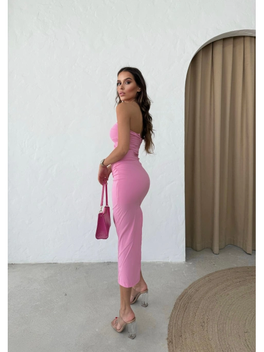 STRAPLEZ ARKA YIRTMAÇLI LİKRALI UZUN ELBİSE PEMBE