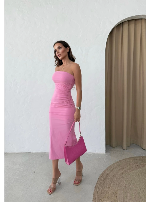 STRAPLEZ ARKA YIRTMAÇLI LİKRALI UZUN ELBİSE PEMBE
